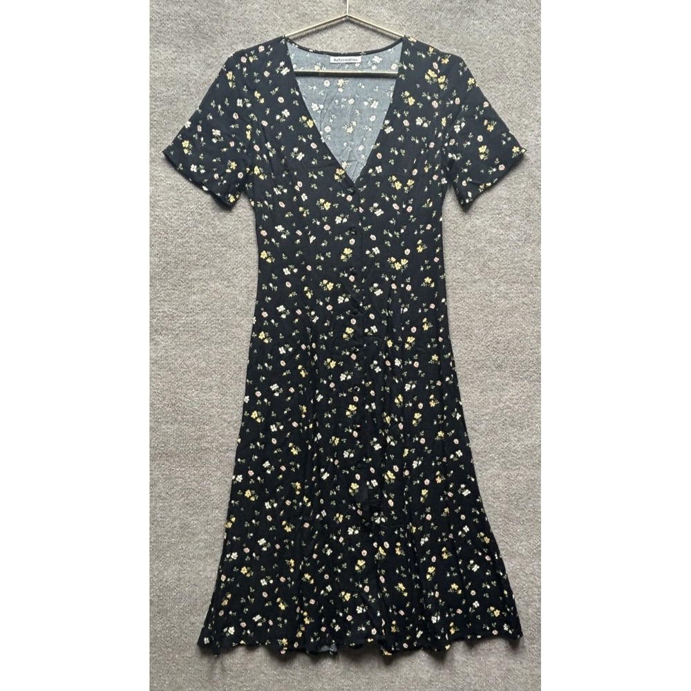 Reformation Dress Women 6 Black Floral V Neck Short Sleeve Maxi Button Up EUC